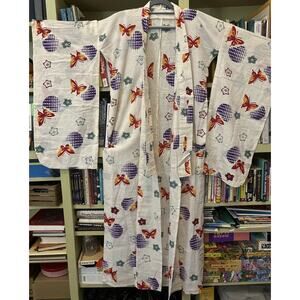 Women Kimono Robe White Butterfly Leaf Cotton Japanese Furisode Purple Red Green